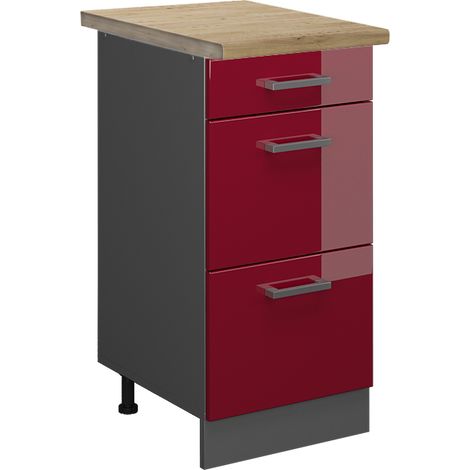 Küchenunterschrank R-Line, Bordeaux Hochglanz, 40 cm mit Schubladen, AP Eiche, Vicco