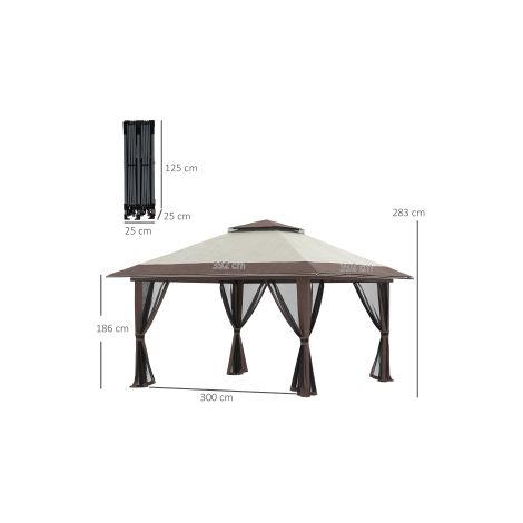 Pavillon de jardin beige 4 x 4 m avec double toit, hauteur réglable, protection UV et rideaux moustiquaires pour jardin et terrasse (1/5)