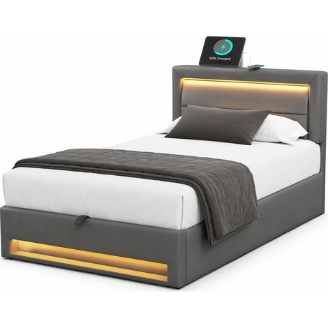 Lit capitonné LED avec USB et rangement, cadre à lattes stable, cuir régénéré gris, sans matelas, pour chambre moderne – CHICFURN (1/5)
