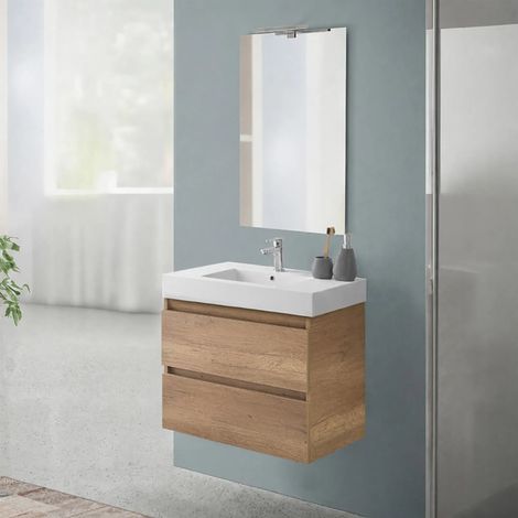 Mobile bagno sospeso 70 cm in rovere naturale con due cassetti e lavabo in resina Nadia (1/5)