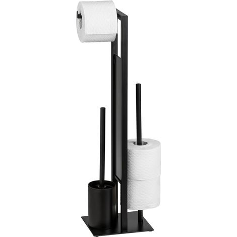WENKO Servitore WC Rivalta, Spazzola WC e Portarotolo Carta Igienica, Acciaio nero e vetro temperato, 18x70x23 cm, Nero
