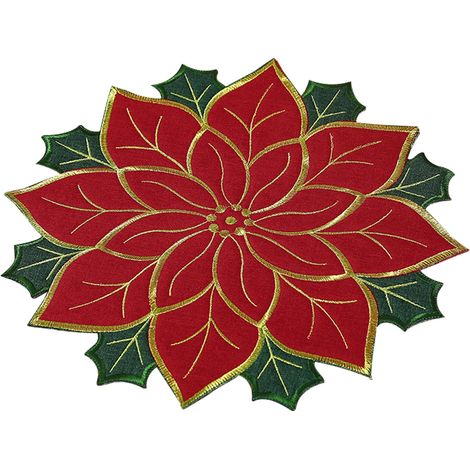 Set di 6 tovagliette rotonde natalizie con motivo a stella di Natale rossa, ideali per decorazioni da tavola per feste in casa. (1/5)