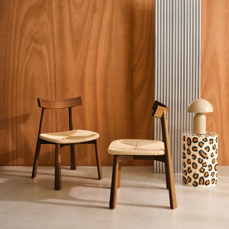 Lot de 2 chaises scandinaves en bois d'hévéa et assise en corde Effet Noyer / Beige (1/5)