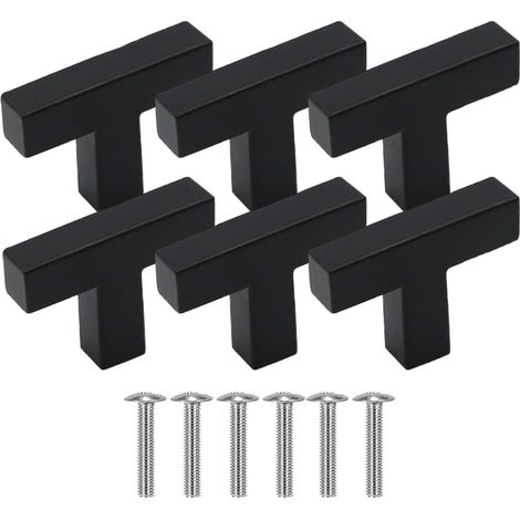 6 Pieces Poignée Meuble Acier Inoxydable, Bouton de Porte en T, Poignée Meuble 1 Trou Boutons de Tiroirs Noir Boutons Carrés avec Vis pour Tiroirs Armoires Placard Commode (1/5)