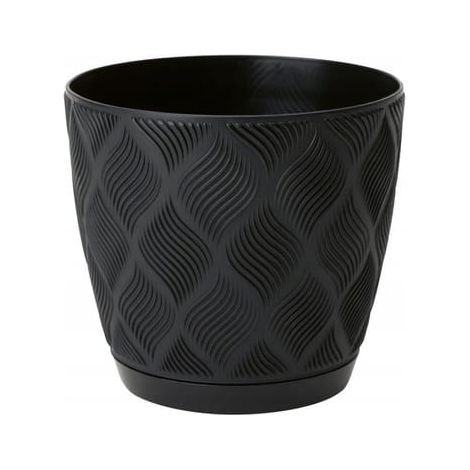 Schwarzer Blumentopf 13,7 x 14,8 cm aus umweltfreundlichem Kunststoff mit Flow Petite Untersetzer