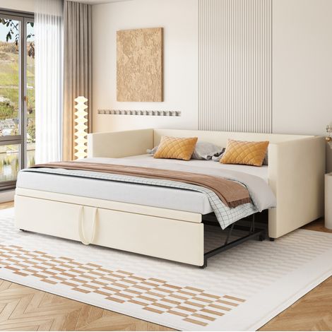 DESVIAE Canapé lit rembourré extensible 90 x 200 180 x 200 avec sommier à lattes dossier et accoudoirs velours beige (1/5)