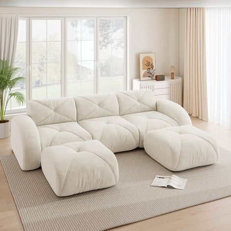 Divano modulare 3 posti in chenille bianco, design senza struttura con sistema flessibile