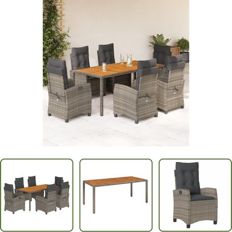 Gartentisch - 7-tlg. Garten-Essgruppe mit Kissen Grau Poly Rattan (1/5)