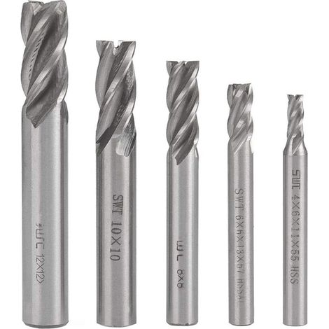 Fresas de extremo de vástago recto de acero de alta velocidad HSS para CNC – Juego de 5 (4/6/8/10/12 mm), 4 ranuras, helicoidales
