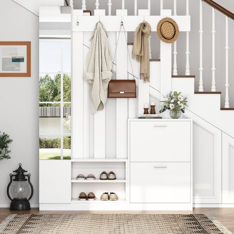 Porte-manteaux 135x25x180cm avec miroir,étagère et armoire à chaussures. Compact pour couloir et entrée,couleur blanc. (1/5)