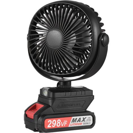 Mini ventilador eléctrico portátil de litio, ideal para acampar y actividades al aire libre. Bajo nivel de ruido, rotación de 360°, ángulo ajustable, luz LED, recargable, 2 velocidades.