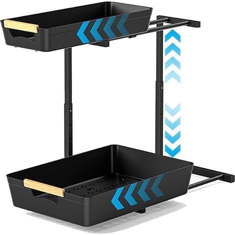 2 Niveaux Extractible Rangement Sous Evier Cuisine, Hauteur Réglable 33,5-41,5 cm Etagere Coulissante Placard, Rangement et Organisation de Cuisine, Noir (1/4)