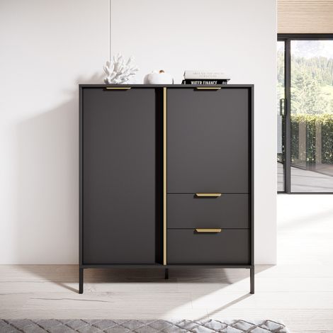 Credenza Hameno, Aparador 2 Cajones, 3 Estantes, Puerta Abatible, Corredera, 103x40x123h cm Negro Antracita (1/5)