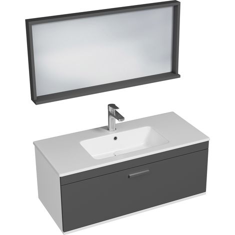 RUBITE Meuble salle de bain simple vasque 1 tiroir gris anthracite largeur 100 cm + miroir cadre (1/5)