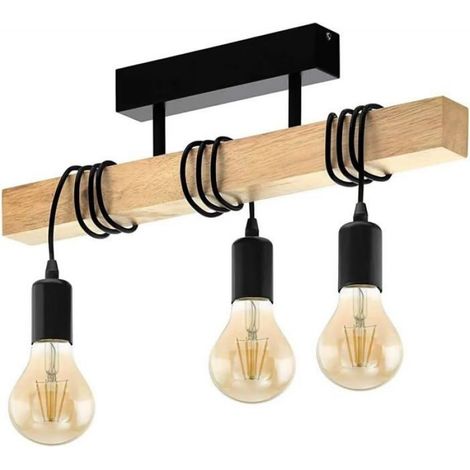 Plafonnier - Vintage 3 flammes - Design industriel - Bois massif & acier noir - Culot E27, dimmable (1/5)
