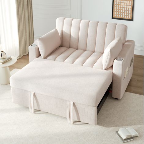 Canapé convertible 2 plazas tejido algodón y lino beige 136x162x84 cm con respaldo ajustable (1/5)