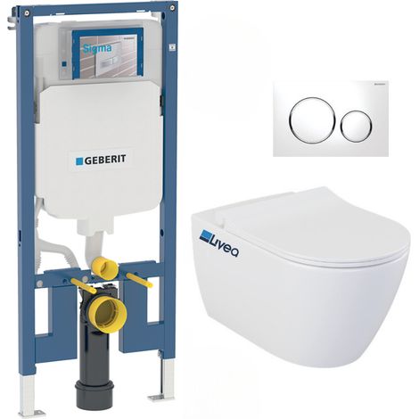 Pack WC suspendu extra-plat – Bâti-support Geberit Duofix UP720 – Cuvette sans bride Livea Bello – Abattant softclose – Plaque blanche (1/5)