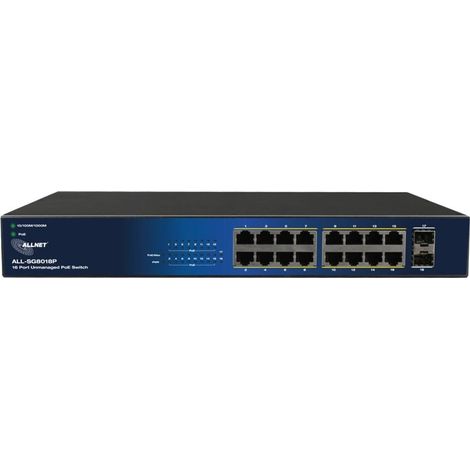Allnet Conmutador no administrado de capa 2 de 18 puertos, Presupuesto PoE de 240 W, 16x PoE a 2x SFP (1/3)