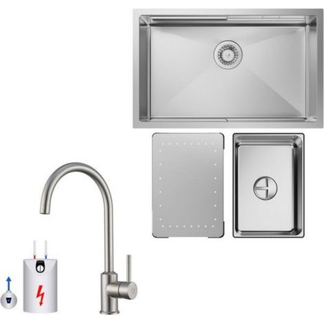 Küchenspüle 1.5 Becken 70x44cm EdelstahlSpüle Gebürstete Unterbauspüle + Niederdruck-Küchenarmatur Gebürstete Küche Wasserhahn Hohe 430MM (1/5)