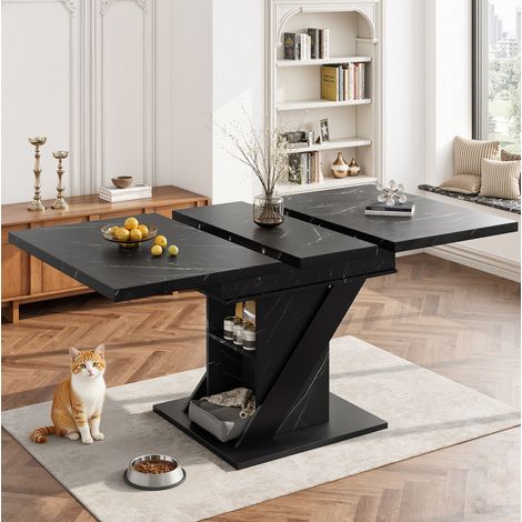 Table à manger extensible 110-140/80/75 cm noire effet marbre en MDF (1/5)