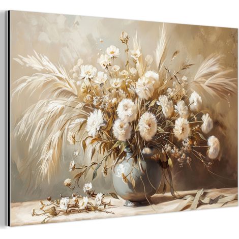 TABLEAU EN MÉTAL Fleurs - Vase - Nature morte - Beige Tableau Décoration Murale 60x40 (1/5)