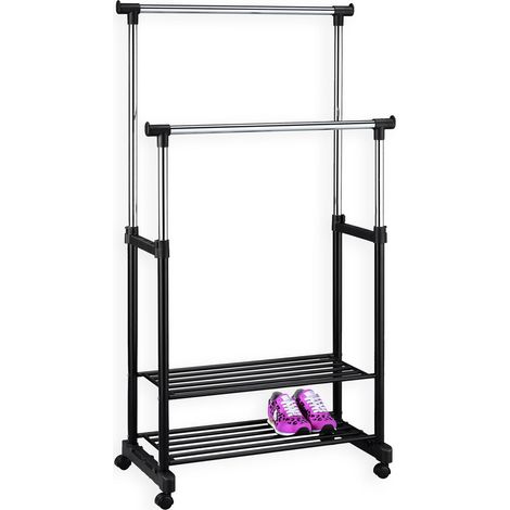 Portant à vêtements NELMA penderie double sur roulettes vestiaires mobile avec 2 barres réglables en hauteur et 2 étagères chromé (1/2)