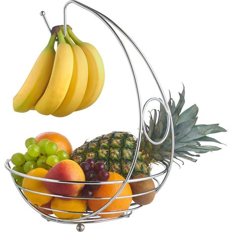 2 in 1 Kitchen Storage Fruit Bowl & Banana Hanger Chrome Metal Finish Modern Design. for Everyday Use Durable Keeps Fruit Fresh. Curved Arm & Striking Centre Piece for Your Kitchen (1/5)