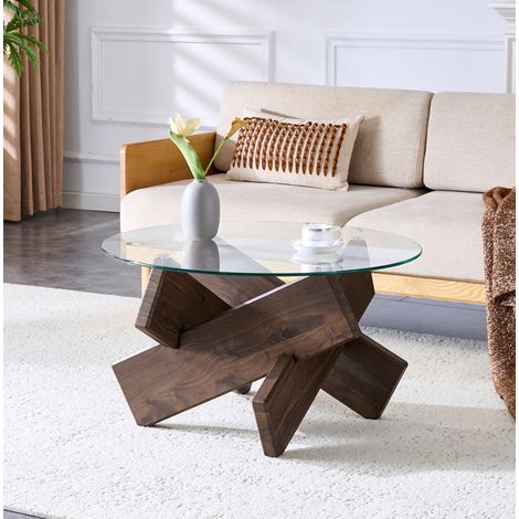 Couchtisch rund aus MDF in Walnussoptik mit Glasplatte transparent Ø79 cm (1/5)