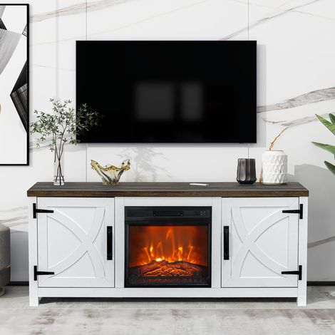 Parrot Uncle TV Stand with Electric Fireplace, 65 Inch Farmhouse Media Console with LED Flame Effect Heater, White Storage TV Cabinet with Barn Door Design for Living Room