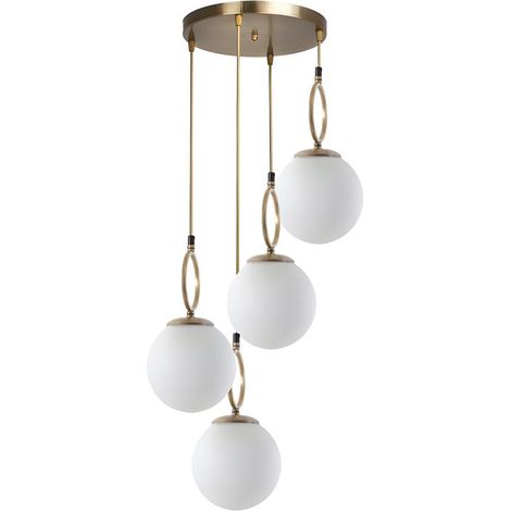 Lustre en métal 4 globes - D. 30 x H. 70 cm - Blanc et cuivre - ASROUN (1/5)