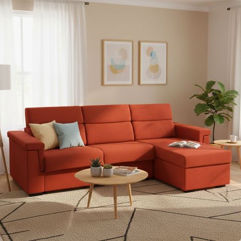 Sofá Cama con Chaiselongue Ganzaria, Fundas Desmontables, Almacenaje Hecho en Italia, Hidrófugo, Convertible en Cama, 285x160 cm Naranja (1/5)