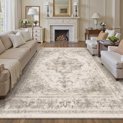 Beige Vintage Tapis Salon 240x300cm Lavable en Machine Rug AntidéRapant Carpet,Chambre Adulte Grand Rugs,Descente de Lit,Interieur Doux Poil Ras,Salle a Manger Carpets,Bureau (1/5)