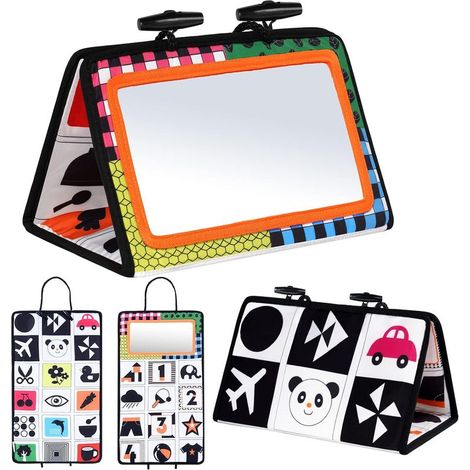 Tapis d'éveil avec miroir pour jouer sur le ventre, tapis d'activités noir et blanc avec miroir pour bébé, jouet sensoriel, miroir d'éveil, miroir pour bébé (1/5)
