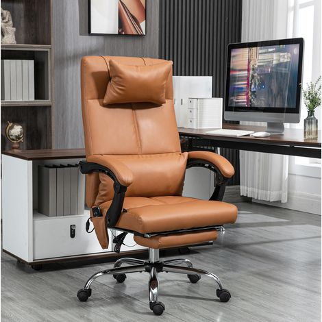 Chaise de bureau massante en similicuir marron 66x67x115-123 cm, inclinaison 155°, repose-pieds, coussins tete et lombaires (1/5)