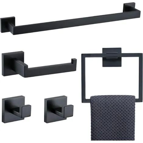 Ensemble d'accessoires de salle de bain 5 pièces : barre porte-serviettes et 2 crochets porte-serviettes muraux en acier inoxydable noir mat et or brossé (noir) (1/3)