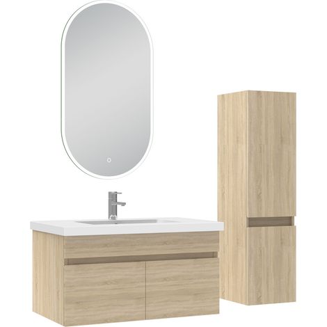 Acezanble meubles simple vasque 80cm vasque + colonne + miroir LED Chêne Wotan (1/5)