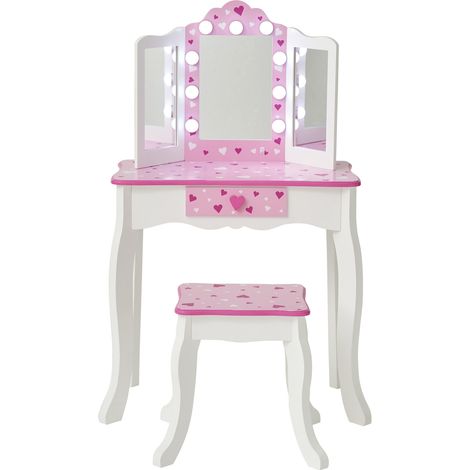 Fantasy Fields Gisele Sweethearts Tocador Infantil con Espejo Triple LED, Cajón Amplio y Taburete en Blanco y Rosa (1/5)