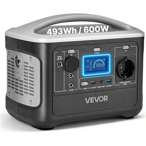 VEVOR Centrale Elettrica Portatile da Esterno Generatore da 600 W Batteria Backup LiFePO4 da 493 Wh con 7 Porte di Uscita per Emergenza, Generatore Solare per Campeggio Viaggio, Senza Pannello Solare