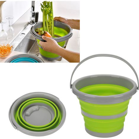 Seau d'eau pliable et portable en silicone, idéal pour la voiture, les voyages, la pêche et la maison. Petit format vert. (1/5)