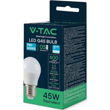 Lampadina led g45 v-tac chip samsung 6,5w e27 3000k vt-290 - 21866