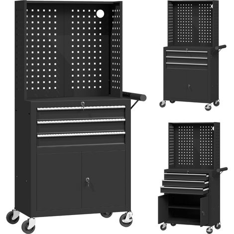 Armoire à outils, boîte à outils sur roulettes avec plaque perforée, 3 tiroirs pour garage et atelier, noir (1/5)