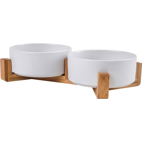 Gamelle en céramique pour chien et chat avec support en bois antidérapant et mat, lestée, pour eau et nourriture, pour chats et petits chiens. (1/5)