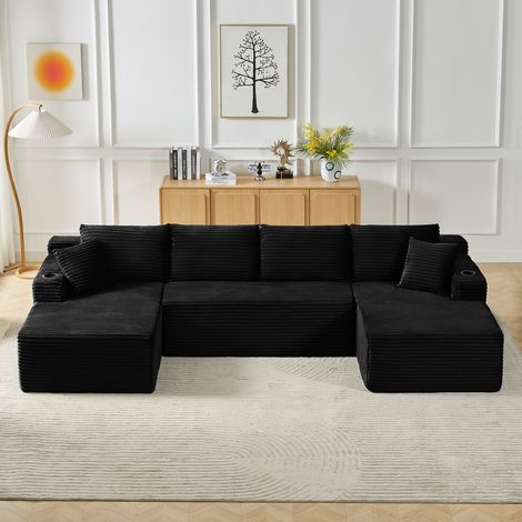 Modulares U-Sofa aus schwarzem Cord, 3-teilig, ohne Montage, tiefe Sitzfläche (1/5)