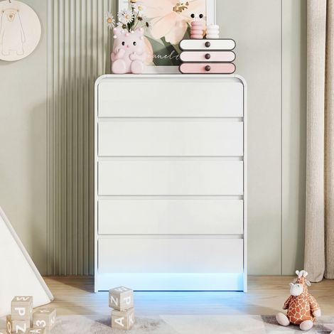 BLANKETSWARM - Commode à 5 tiroirs blanc 73 x 40 x 110 cm, commode chambre avec éclairage LED, commode haute pour chambre à coucher, salon, couloir, entrée, Blanc