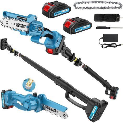 2-En-1 Tronçonneuse avec Perche Télescopique, Mini Tronçonneuse a Batterie avec Lubrification Automatique, Bandoulière Allégeante, 2 Batteries, Extensible jusqu'à 13FT pour Jardin et Arbres fruitiers (1/5)