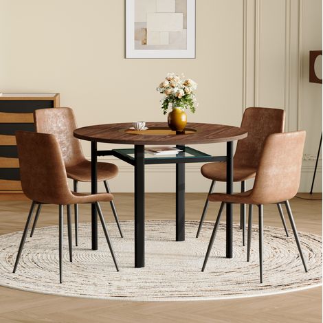 Modernes rundes Tischset 100 cm mit 4 braunen Stoffstühlen und Glas (1/5)