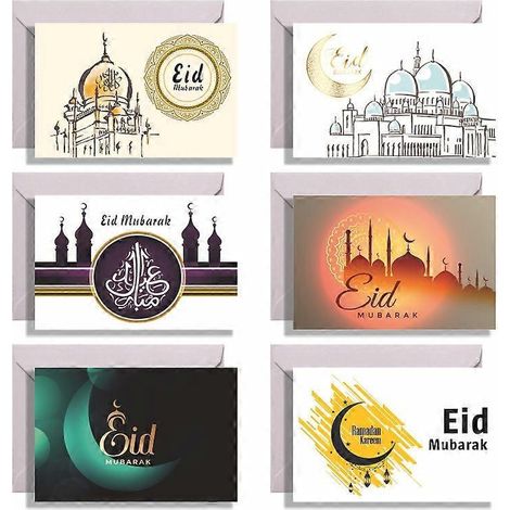 Grußkarten zum Eid Mubarak mit Umschlägen und Aufklebern, Burgmotiv, traditionelle islamische Ramadan-Partykarten, muslimische Einladungen auf Faltpapier