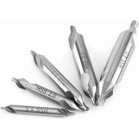 Jeu de 5 forets à centrer en acier rapide, angle de 60°, diamètres 1,5/2/2,5/3/4 mm (1/5)