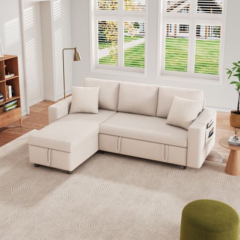 Sofá cama esquinero reversible con arcón, 3-4 plazas, beige HAVRYA (1/5)