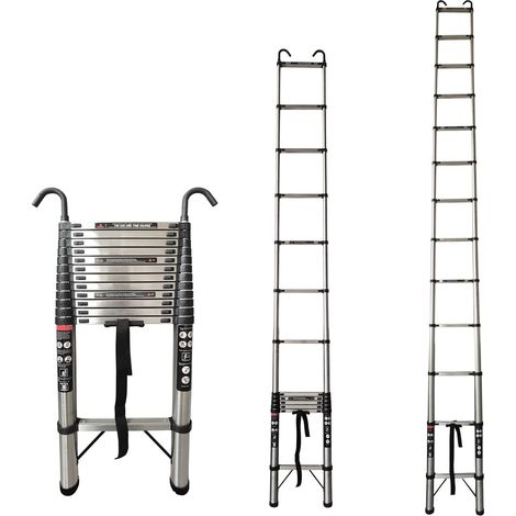 Échelle télescopique 5m / 16.5 FT échelle D'extension en acier inoxydable avec barre stabilisatrice crochet amovible, échelle de Loft extensible polyvalente échelle pliante portable, 15 étapes, charge